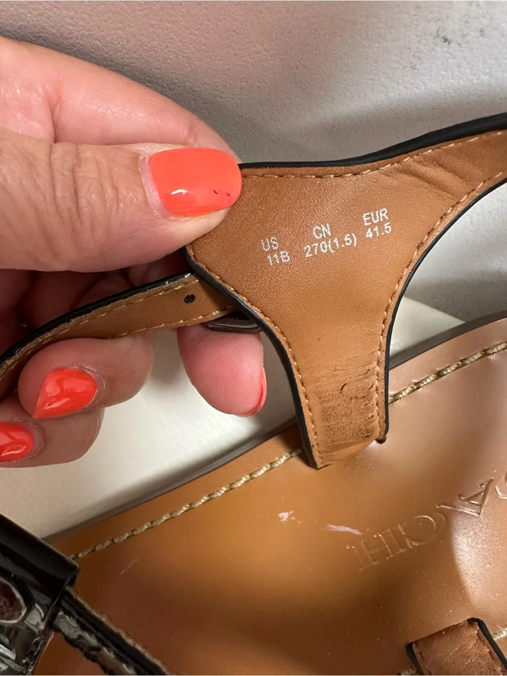 Coach Black Patent T-Strap Sandals with Tan Footbed